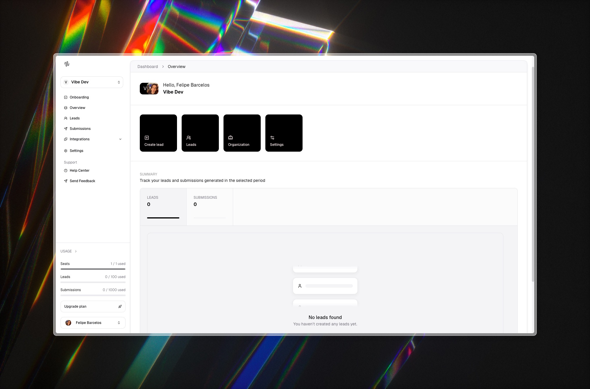 Dashboard do SaaS Boilerplate com organizações, leads, submissões e onboarding. Dados de demonstração.